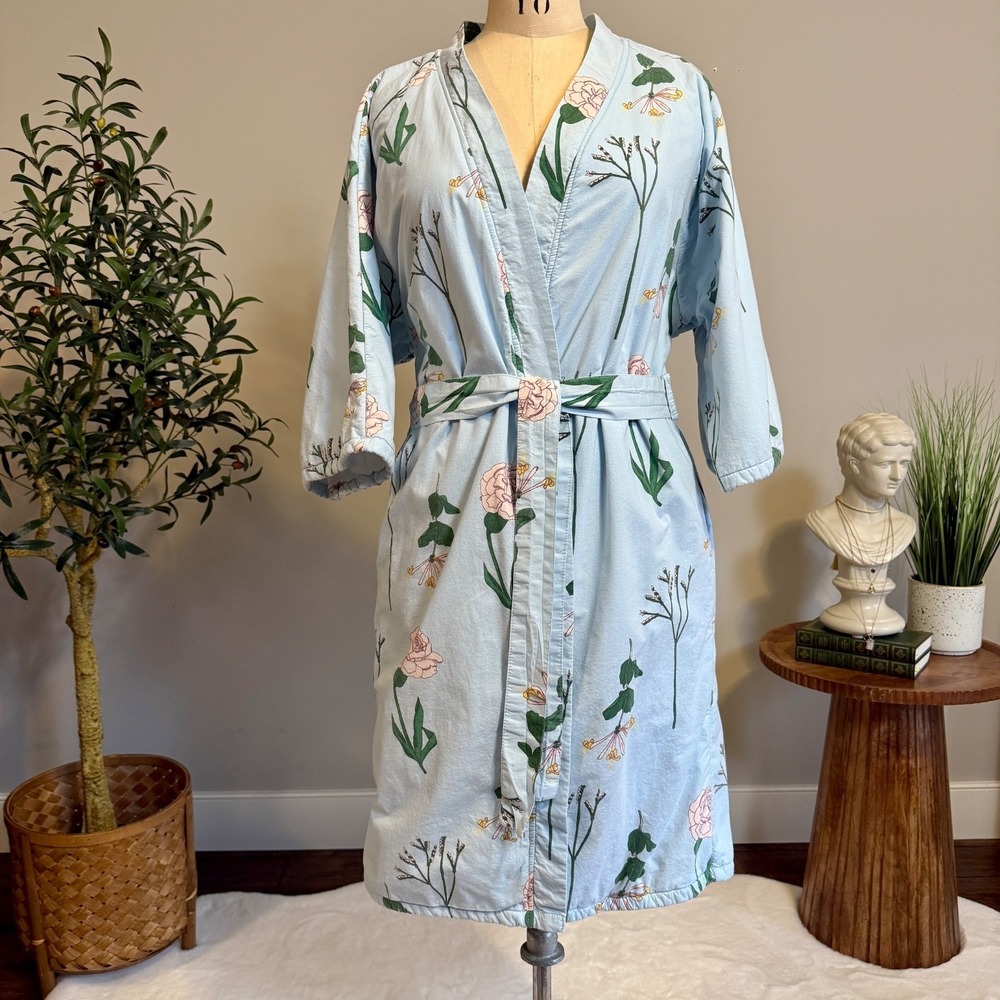 Their Nibs 100% Cotton Floral Kimono Robe Blue Floral Rose Terry Lined Belted